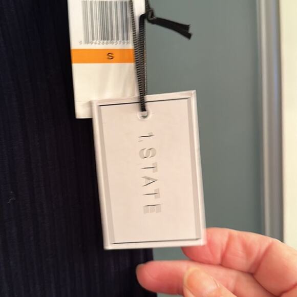 1. State Women’s Ribbed High Slit Halter Neckline Smocked Back Maxi Sz S Navy - Picture 8 of 8